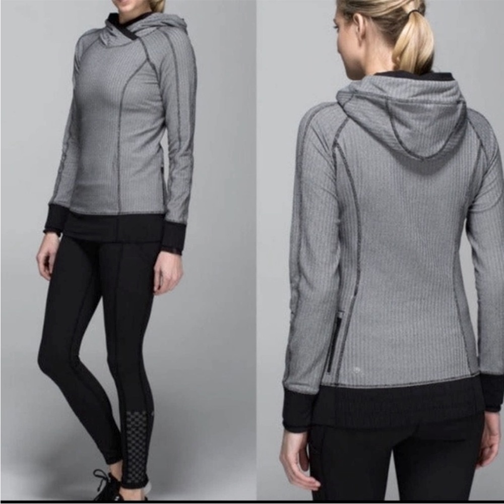 EUC LULULEMON HHBP/BLK Herringbone Black Think Fast Hoodie Jacket 4